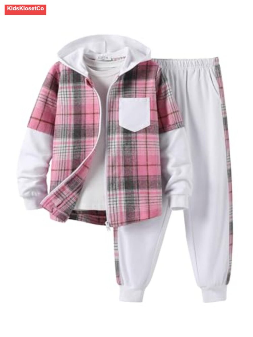 2Pc Girls Plaid Flannel Hoodie Zip Up & Jogger Pants Sweatsuit Set